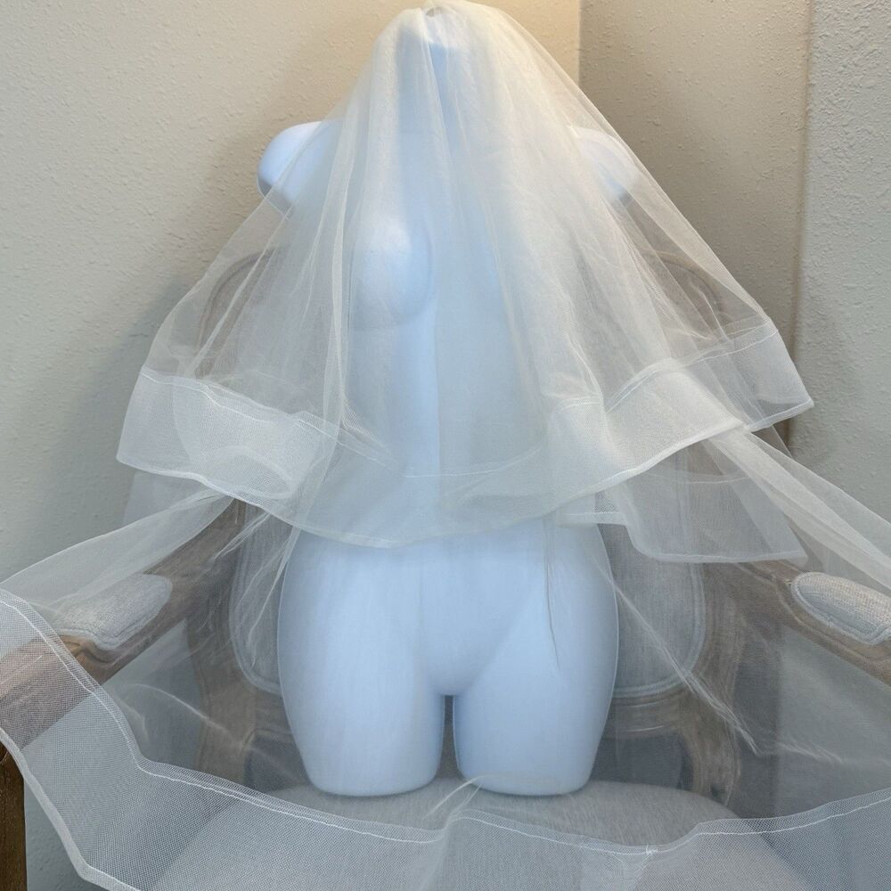 2 Tier Wedding Veil Horsehair Ribbon Edge comb finger length Caramel/ Champagne